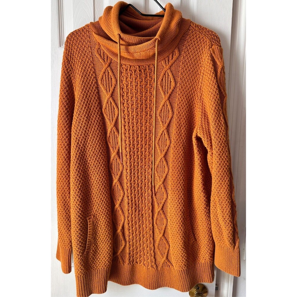 LL Bean Signature Women's Funnelneck Sweater Size XL Cable Knit Mustard Gold